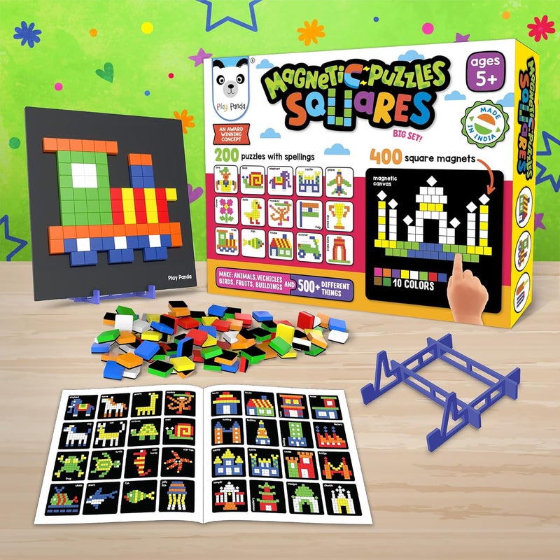 Play Panda Magnetic Puzzles Squares - 400 Colorful Magnets, 200 Puzzles, Magnetic Board, Display Stand - Image 2